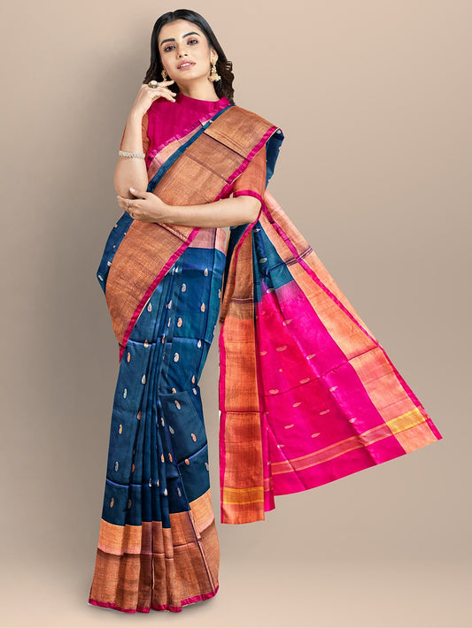 Teal Blue and Pink Pure Silk Uppada Handloom Saree with Buttas and Broad Border