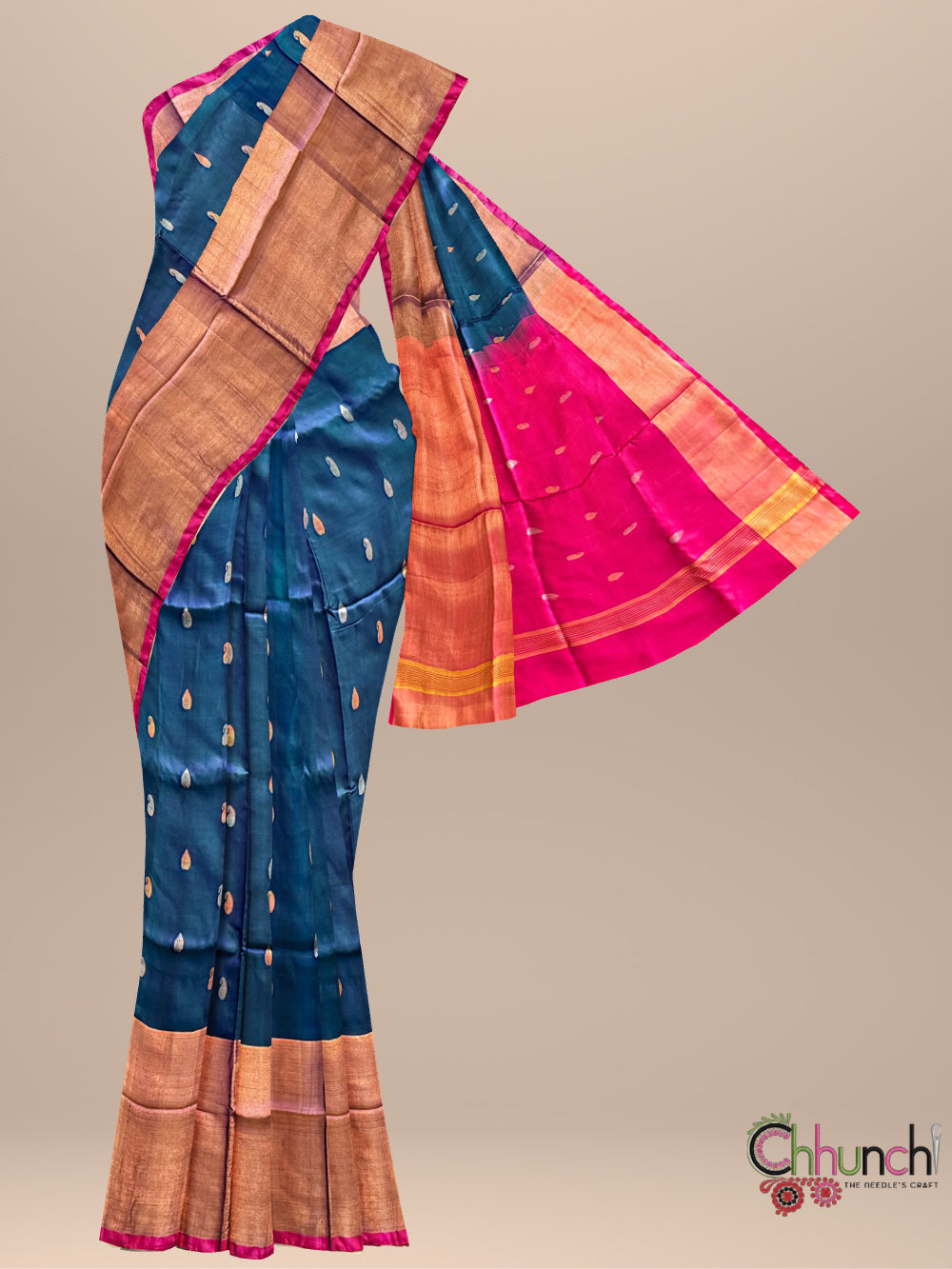 Teal Blue and Pink Pure Silk Uppada Handloom Saree with Buttas and Broad Border