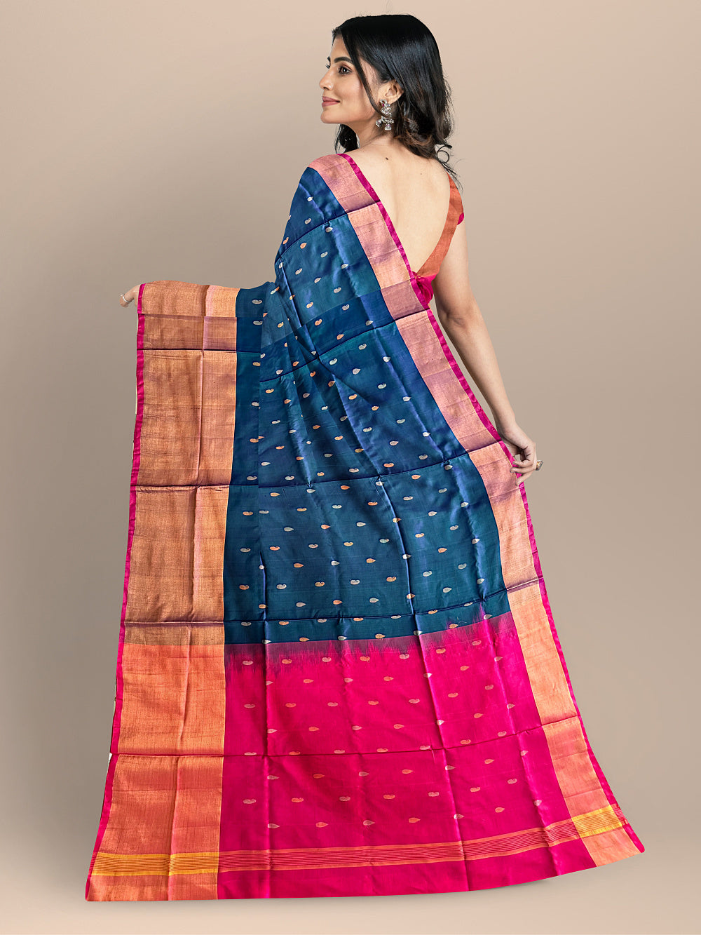 Teal Blue and Pink Pure Silk Uppada Handloom Saree with Buttas and Broad Border