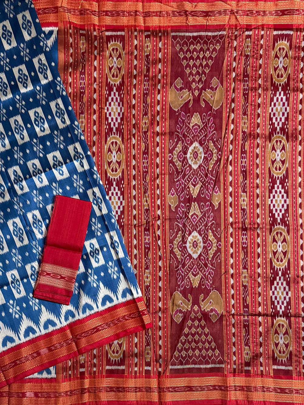 Teal Blue and Red Pure Silk Handloom Khandua Patta Saree