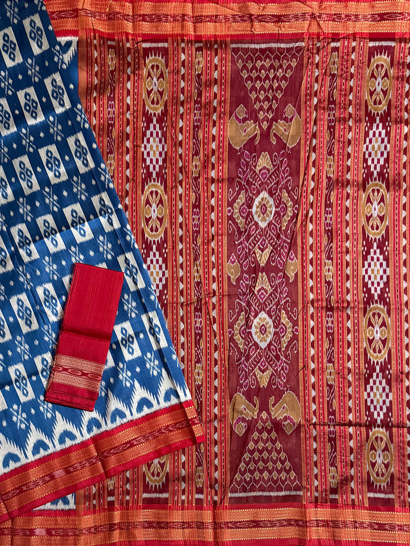 Teal Blue and Red Pure Silk Handloom Khandua Patta Saree