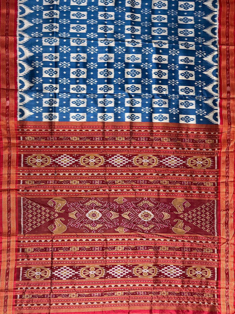 Teal Blue and Red Pure Silk Handloom Khandua Patta Saree