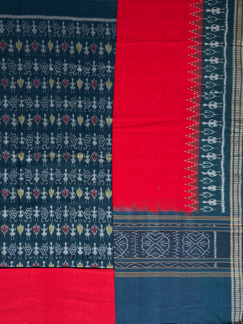 Teal Blue and Red Sambalpuri Handloom Cotton Dress Material