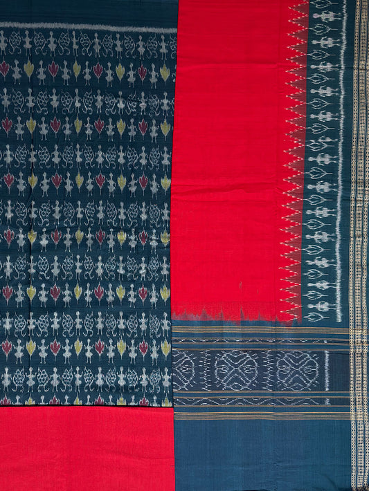 Teal Blue and Red Sambalpuri Handloom Cotton Dress Material
