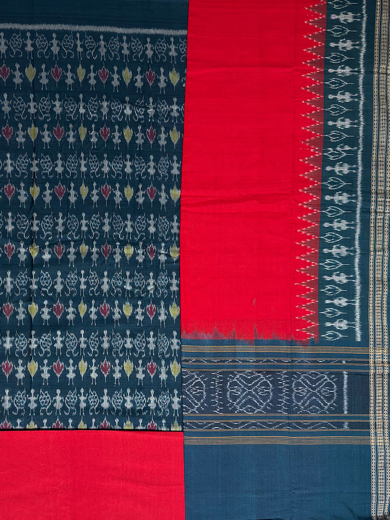 Teal Blue and Red Sambalpuri Handloom Cotton Dress Material