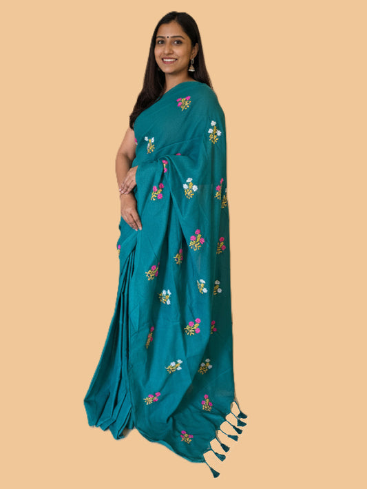 Teal Cotton Handloom Saree with Black Contrast Kantha Stitch Blouse
