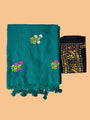 Teal Cotton Handloom Saree with Black Contrast Kantha Stitch Blouse