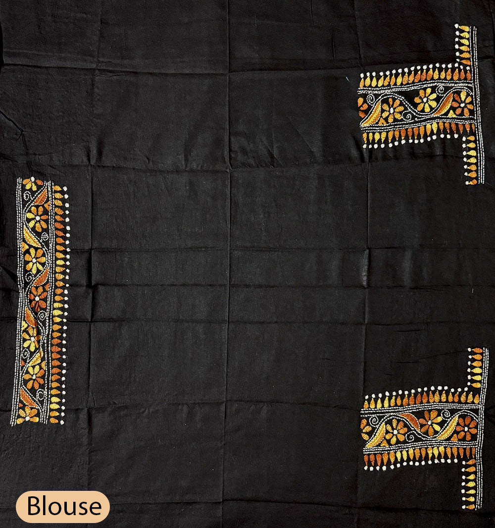 Teal Cotton Handloom Saree with Black Contrast Kantha Stitch Blouse