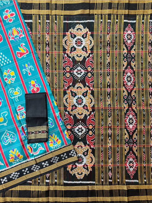 Teal and Black Nabakothi Pure Silk Handloom Khandua Patta Saree