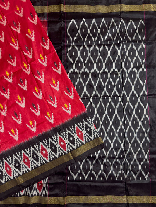Tomato Red and Black Pochampally Pure Silk Handloom Saree in Ikkat Pattern