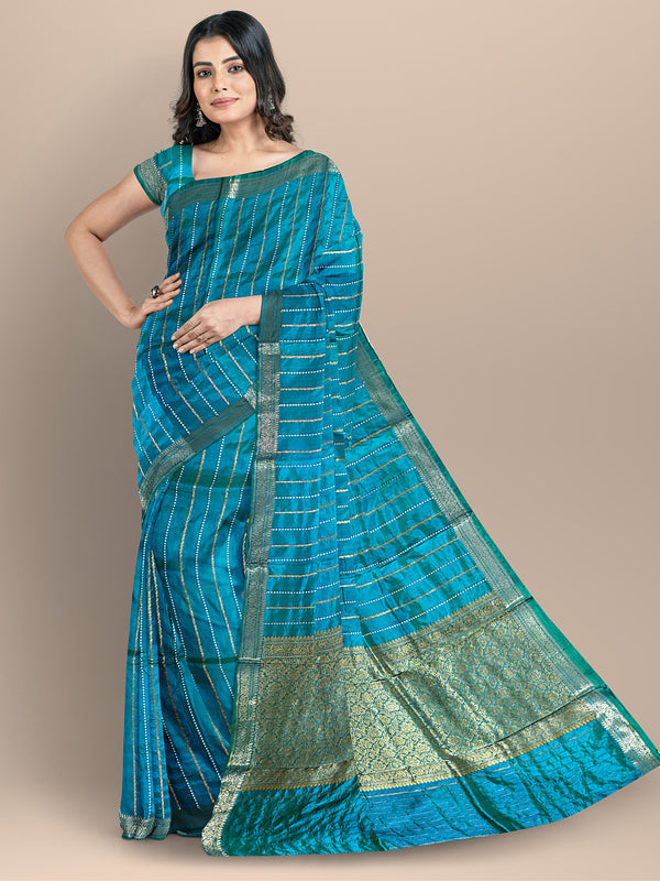 Turquoise Pure Katan Silk Banarasi Handloom Saree with All Over Kadua Stripe