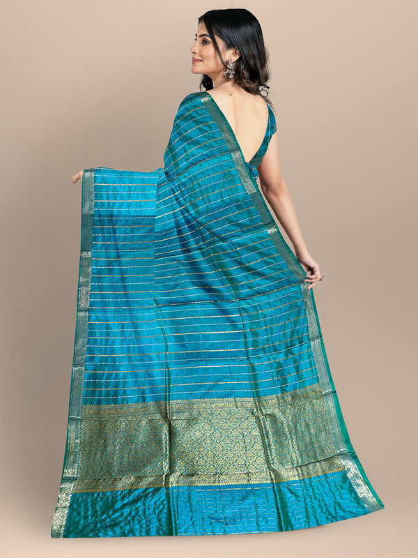 Turquoise Pure Katan Silk Banarasi Handloom Saree with All Over Kadua Stripe