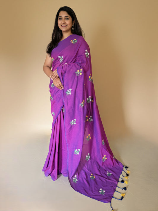 Violet Cotton Handloom Saree with Black Contrast Kantha Stitch Blouse