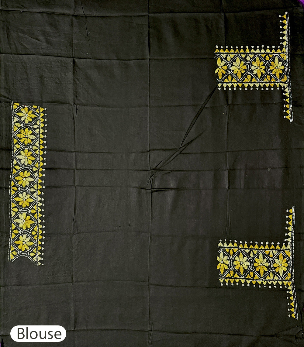 Violet Cotton Handloom Saree with Black Contrast Kantha Stitch Blouse