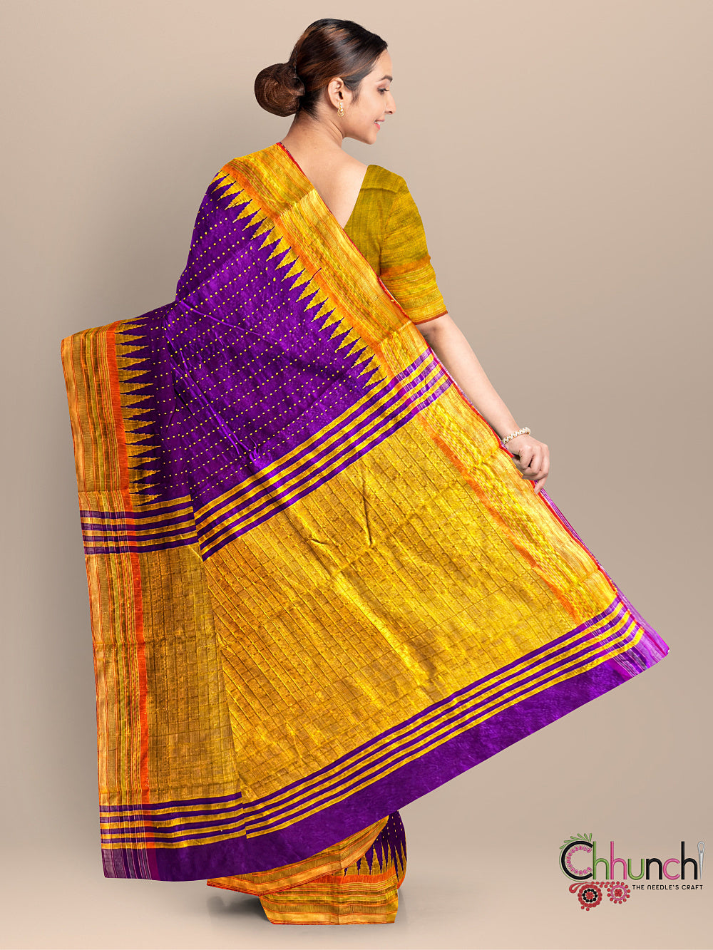 Violet and Yellow Pure Raw Silk Handloom Saree