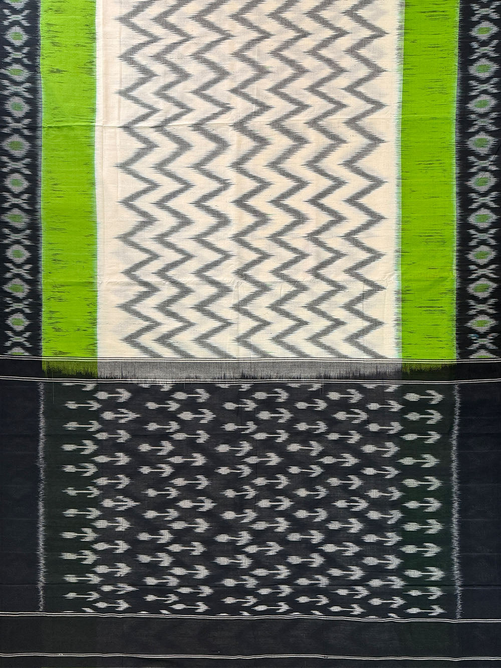 White, Black and Green Pochampally Mercerised Cotton Handloom Saree in Ikkat Pattern