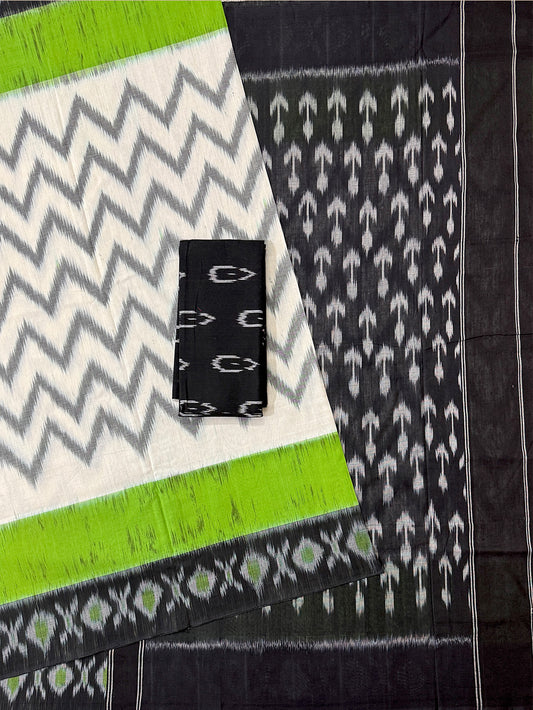 White, Black and Green Pochampally Mercerised Cotton Handloom Saree in Ikkat Pattern