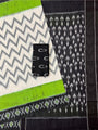 White, Black and Green Pochampally Mercerised Cotton Handloom Saree in Ikkat Pattern