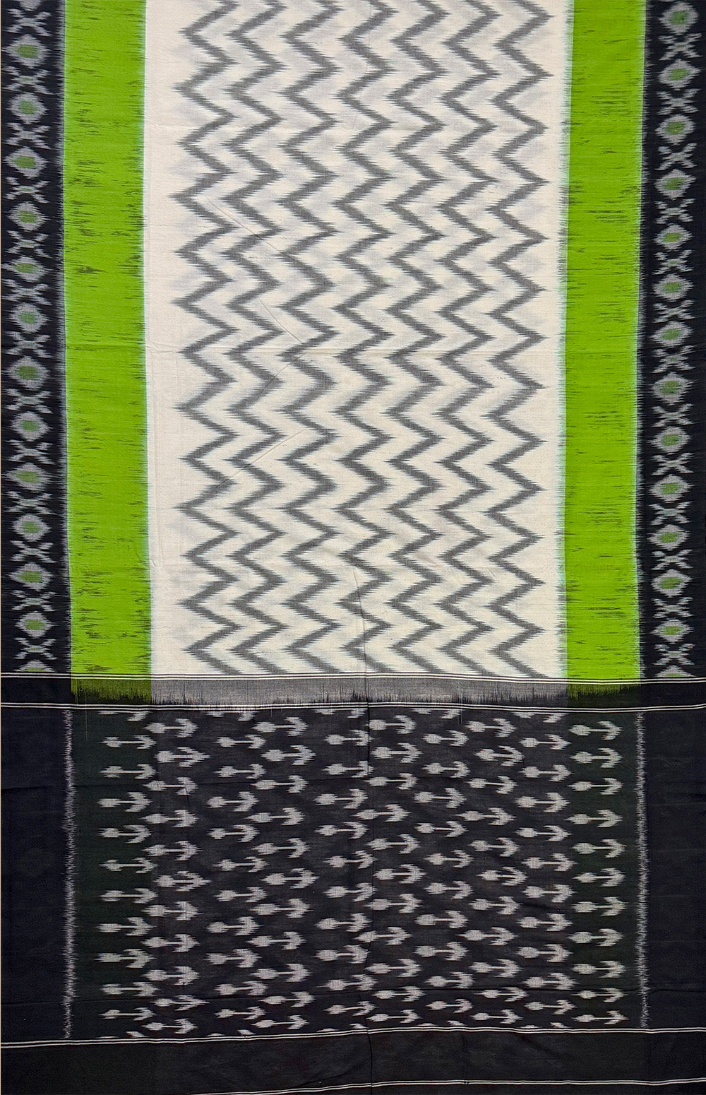 White, Black and Green Pochampally Mercerised Cotton Handloom Saree in Ikkat Pattern