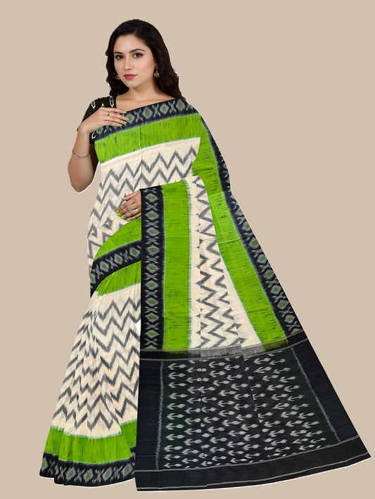 White, Black and Green Pochampally Mercerised Cotton Handloom Saree in Ikkat Pattern