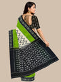 White, Black and Green Pochampally Mercerised Cotton Handloom Saree in Ikkat Pattern