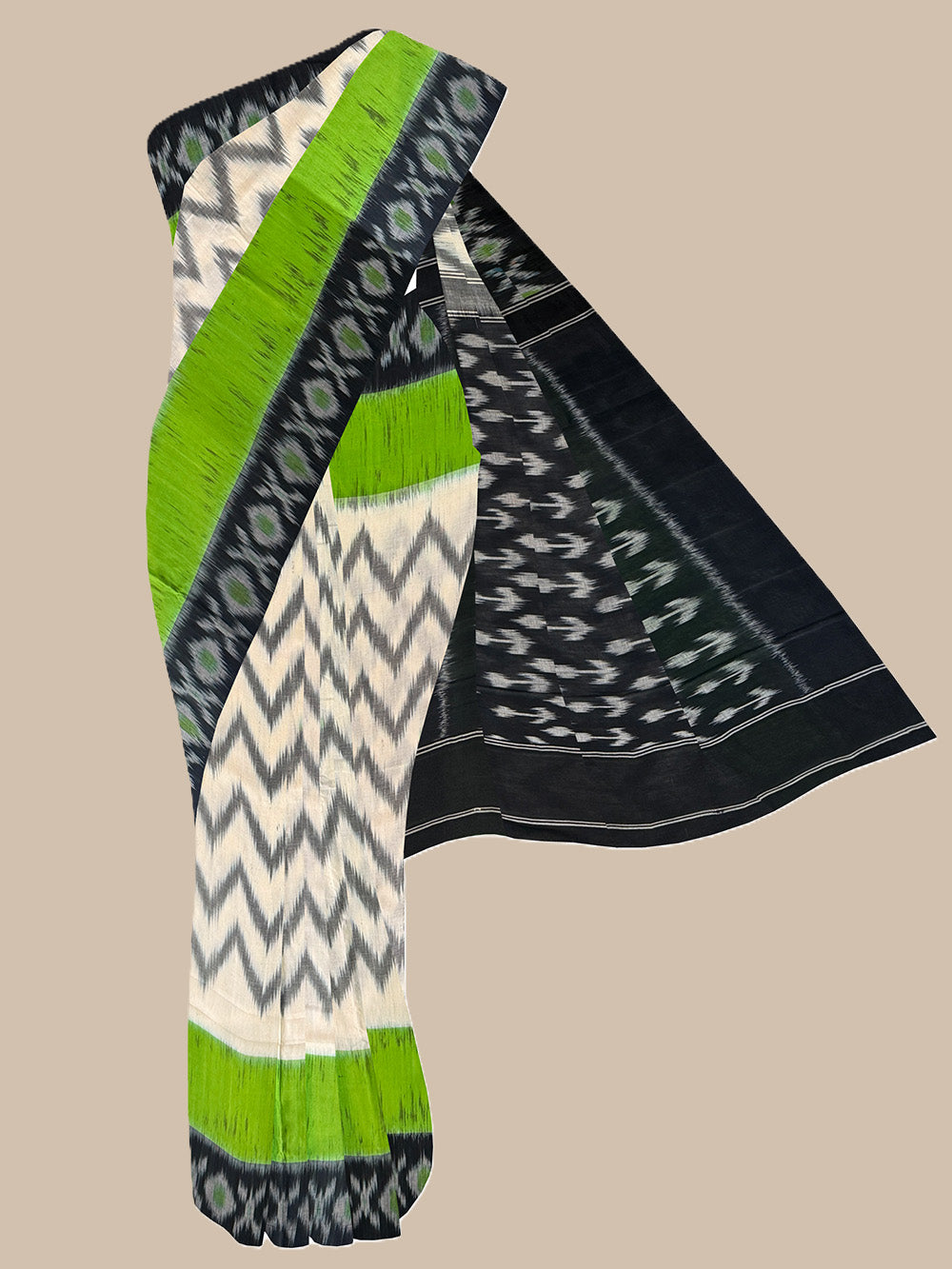 White, Black and Green Pochampally Mercerised Cotton Handloom Saree in Ikkat Pattern