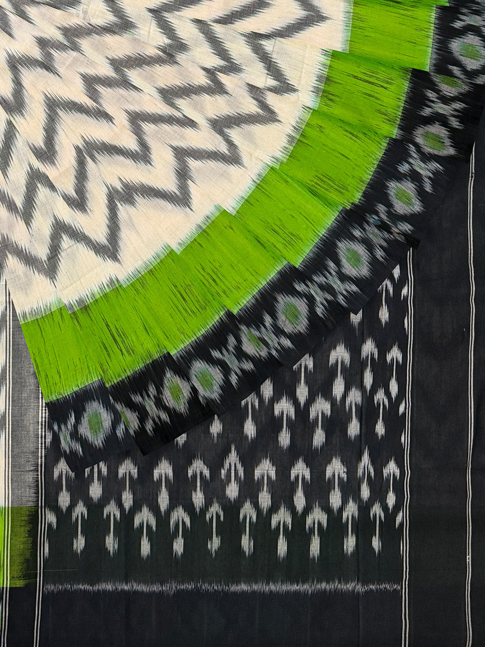 White, Black and Green Pochampally Mercerised Cotton Handloom Saree in Ikkat Pattern