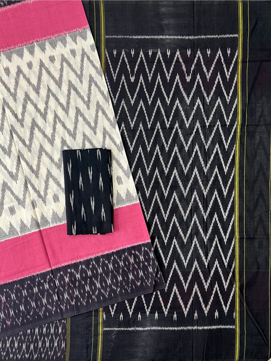 White, Black and Pink Pochampally Mercerised Cotton Handloom Saree in Ikkat Pattern
