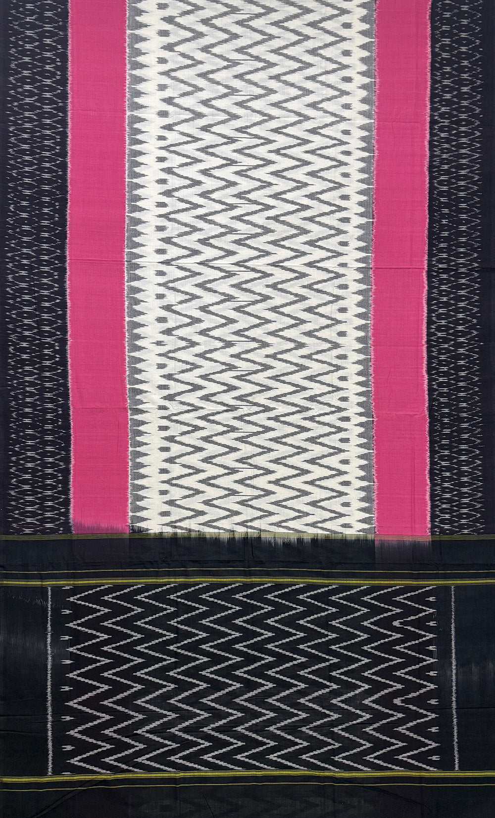 White, Black and Pink Pochampally Mercerised Cotton Handloom Saree in Ikkat Pattern