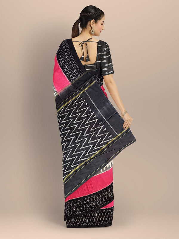 White, Black and Pink Pochampally Mercerised Cotton Handloom Saree in Ikkat Pattern