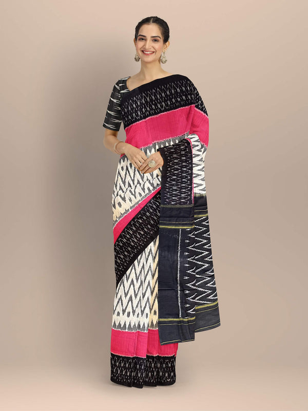 White, Black and Pink Pochampally Mercerised Cotton Handloom Saree in Ikkat Pattern