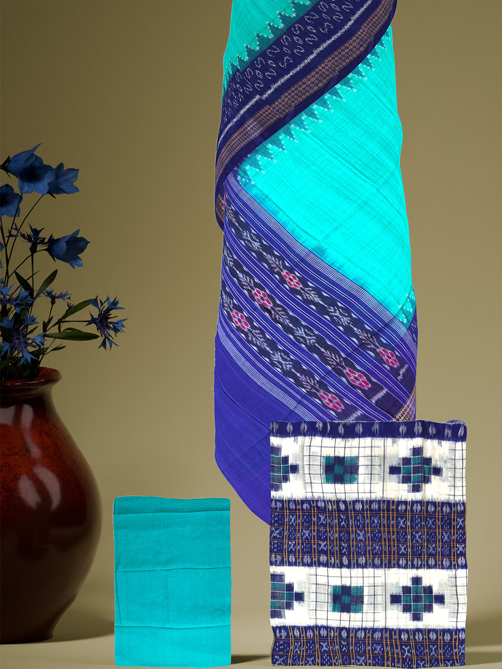 White, Blue and Turquoise Pasapalli Pattern Sambalpuri Handloom Cotton Dress Material
