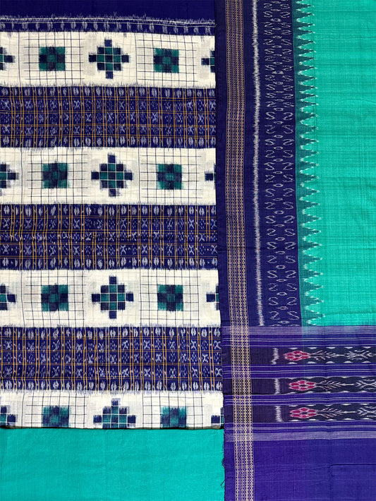 White, Blue and Turquoise Pasapalli Pattern Sambalpuri Handloom Cotton Dress Material