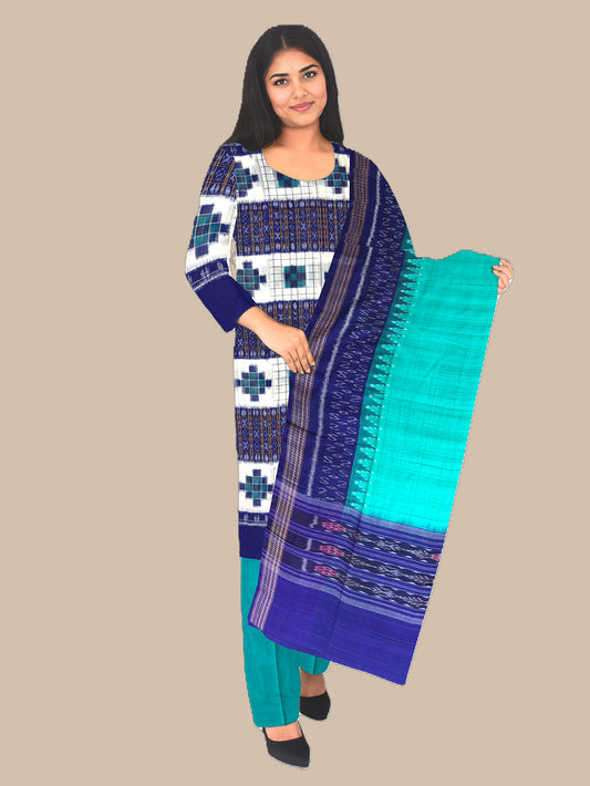 White, Blue and Turquoise Pasapalli Pattern Sambalpuri Handloom Cotton Dress Material