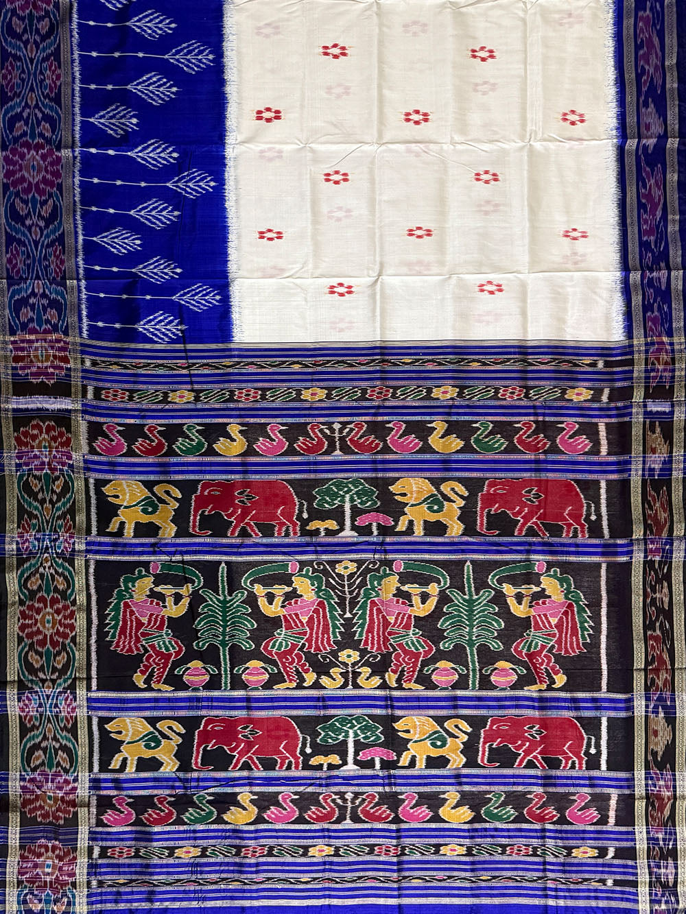 White and Blue Pure Silk Handloom Khandua Patta Saree