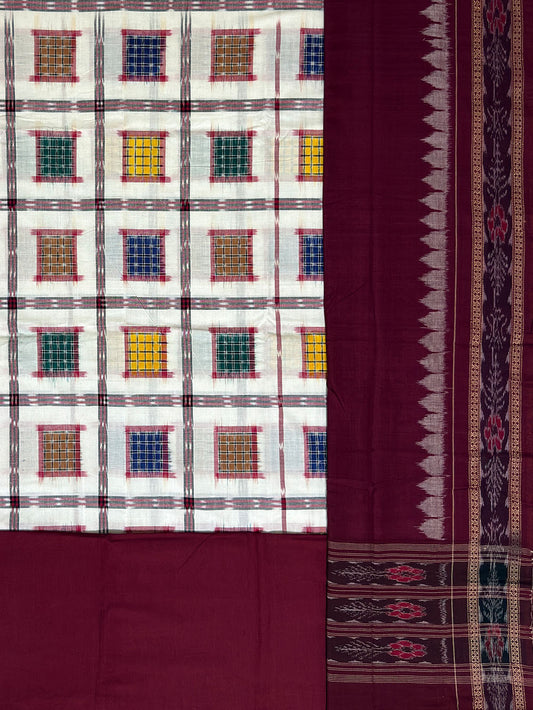 White and Maroon Ashwini Pattern Sambalpuri Handloom Cotton Dress Material