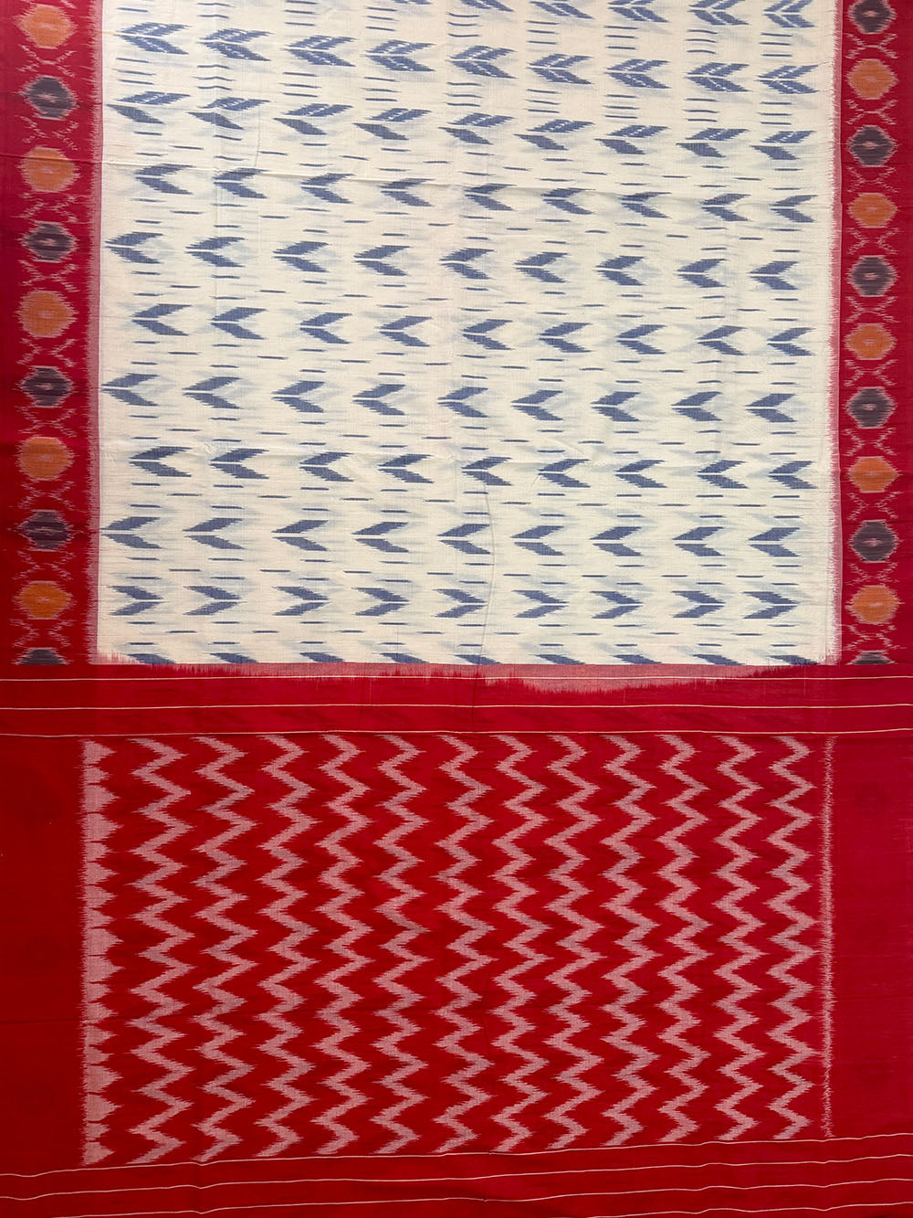 White and Red Pochampally Mercerised Cotton Handloom Saree in Ikkat Pattern