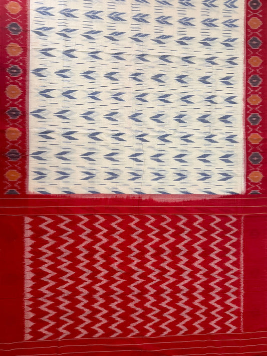 White and Red Pochampally Mercerised Cotton Handloom Saree in Ikkat Pattern