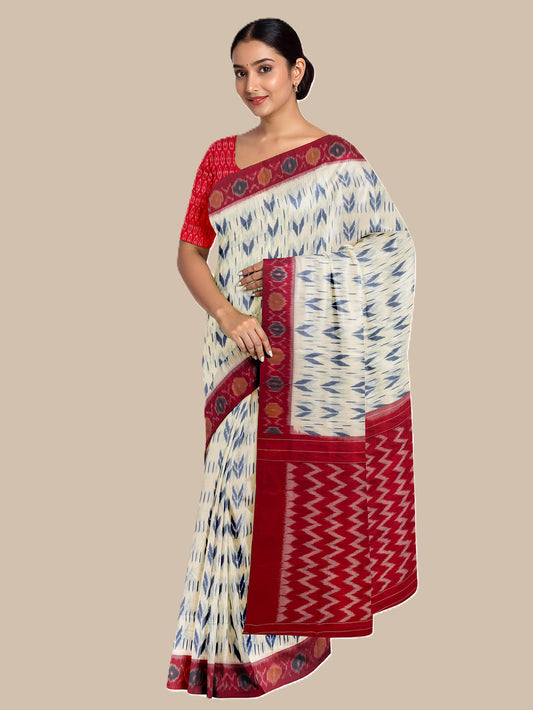 White and Red Pochampally Mercerised Cotton Handloom Saree in Ikkat Pattern