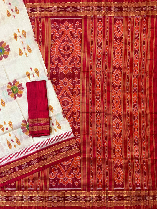 White and Red Pure Silk Handloom Khandua Patta Saree