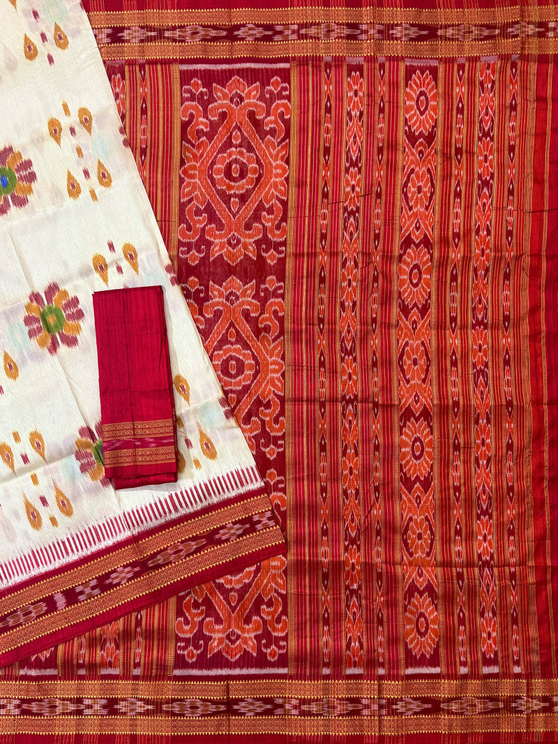 White and Red Pure Silk Handloom Khandua Patta Saree