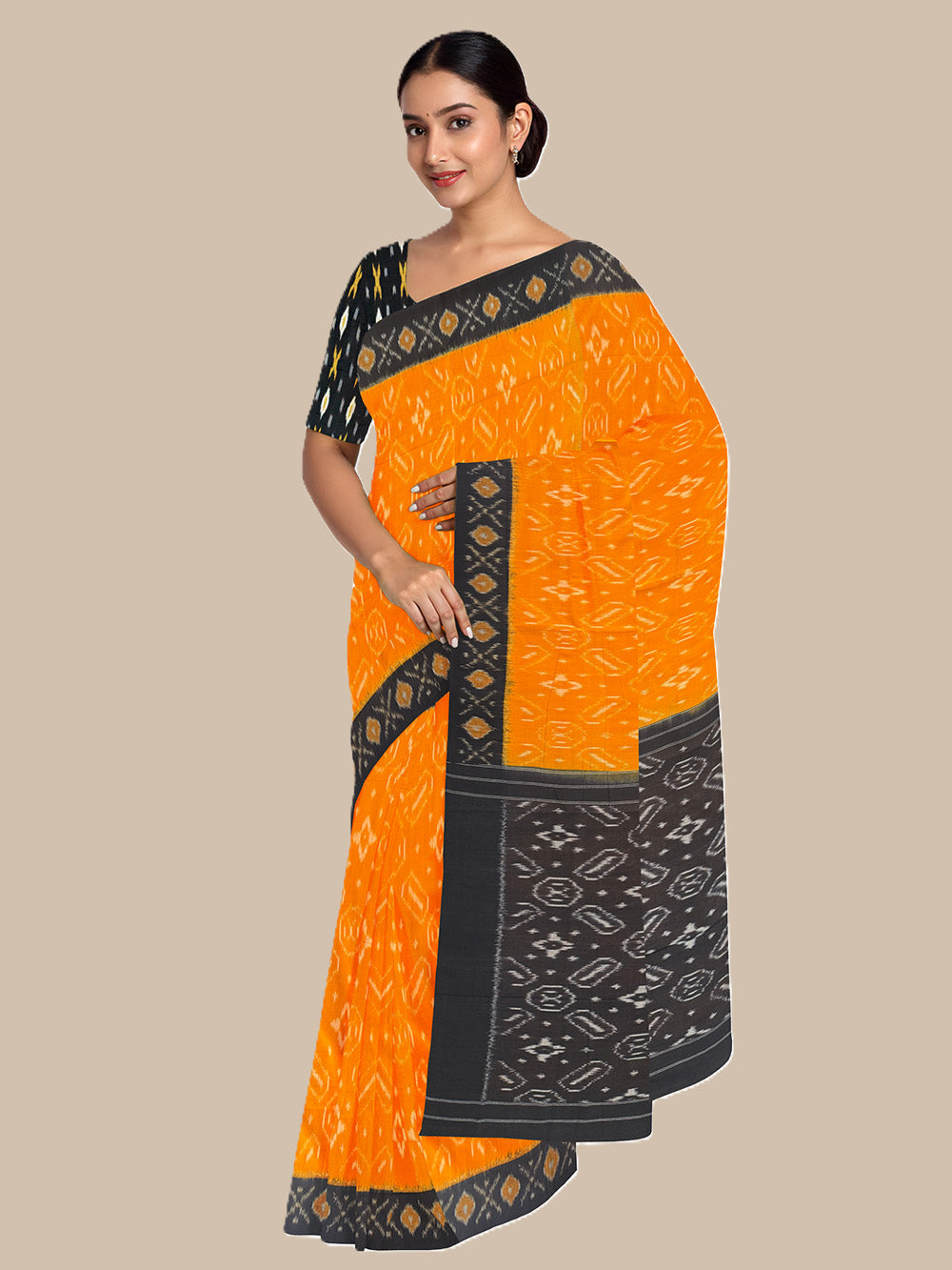 Yellow and Black Pochampally Mercerised Cotton Handloom Saree in Ikkat Pattern