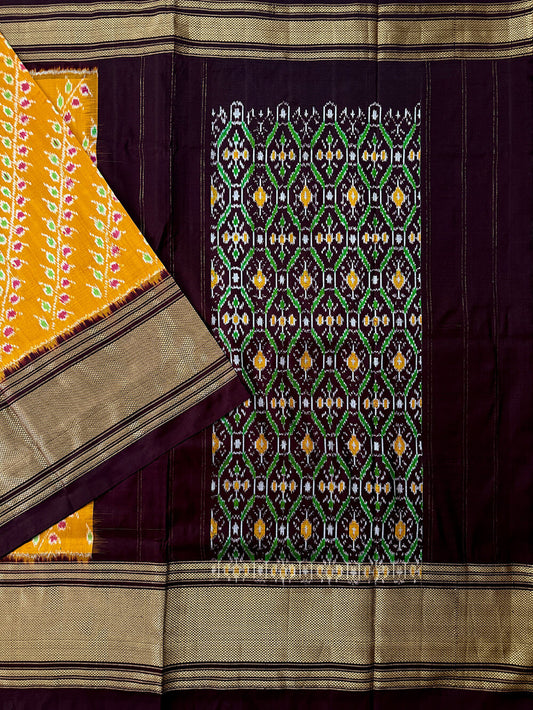 Yellow and Brown Pochampally Pure Silk Handloom Saree