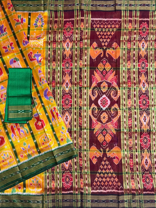 Yellow and Green Nabakothi Pure Silk Handloom Khandua Patta Saree