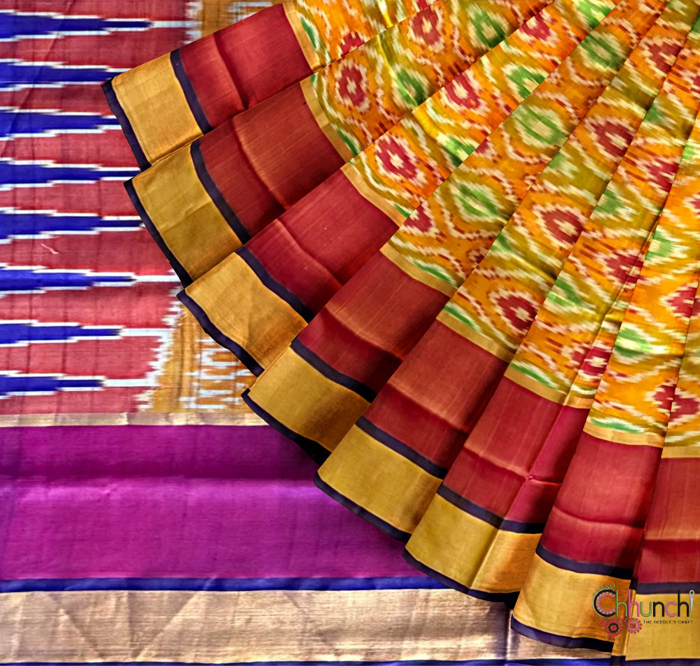 Yellow and Pink Ikkat Pattern Pure Uppada Silk Handloom Saree