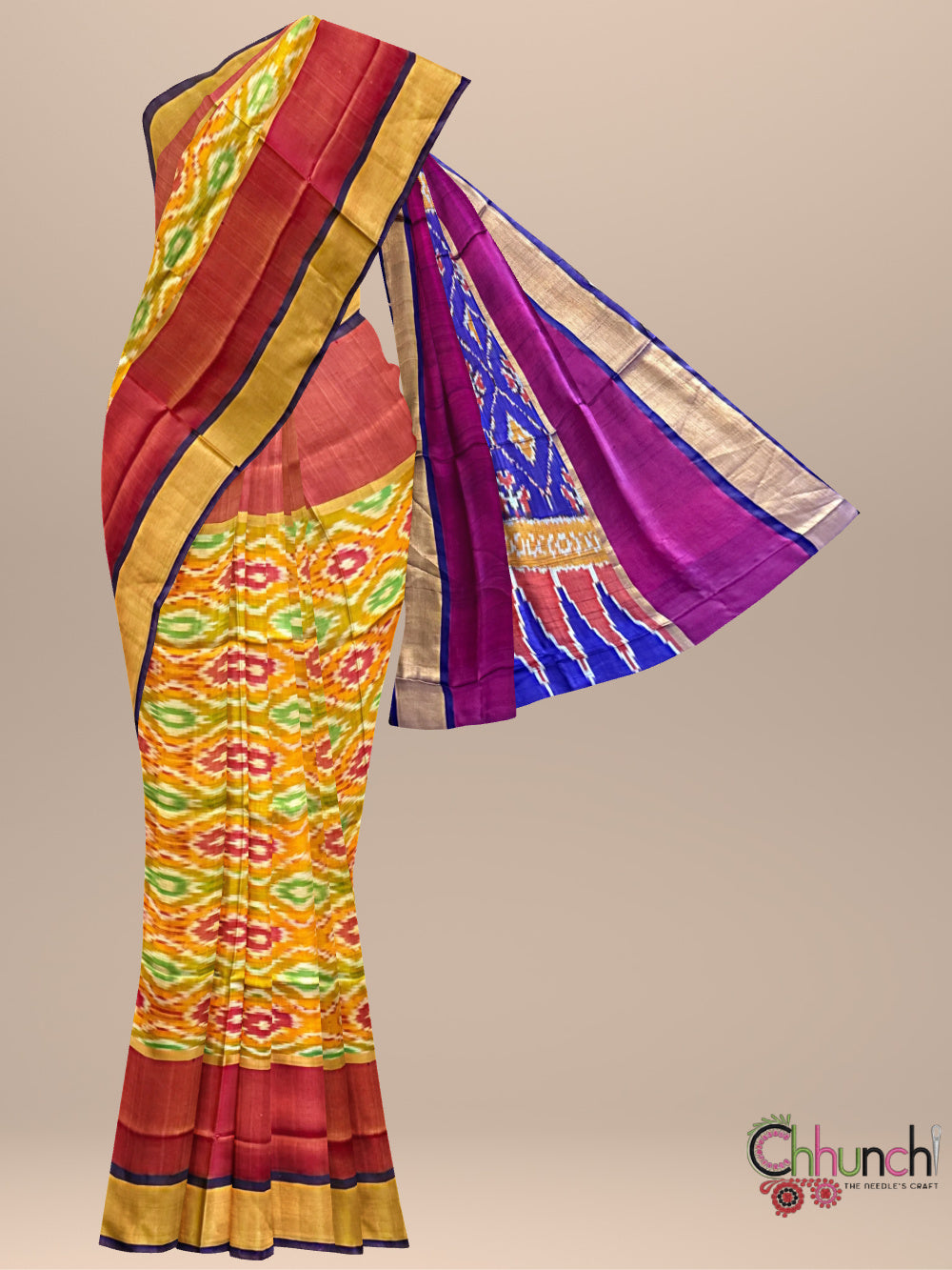 Yellow and Pink Ikkat Pattern Pure Uppada Silk Handloom Saree