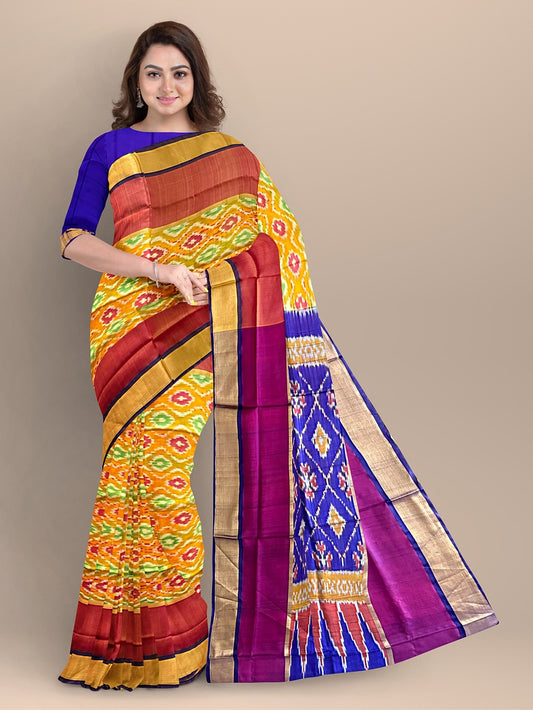 Yellow and Pink Ikkat Pattern Pure Uppada Silk Handloom Saree