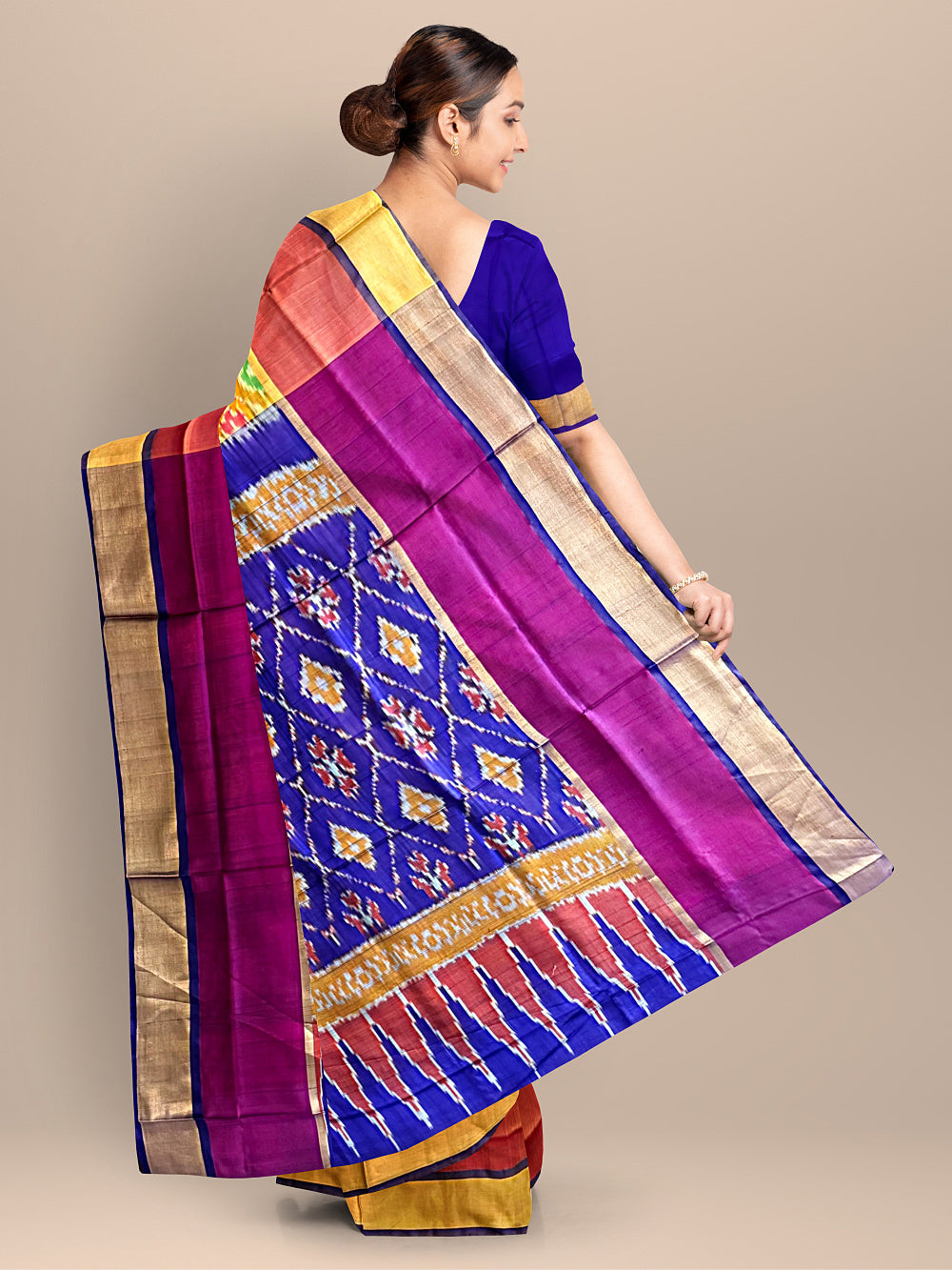 Yellow and Pink Ikkat Pattern Pure Uppada Silk Handloom Saree