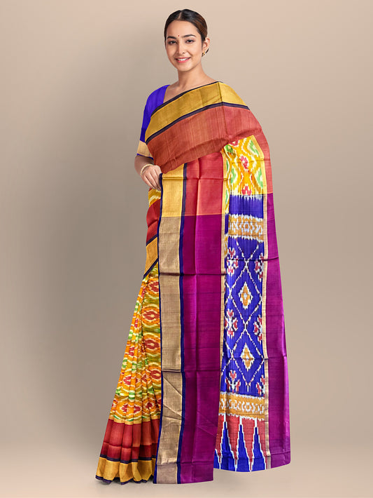 Yellow and Pink Ikkat Pattern Pure Uppada Silk Handloom Saree